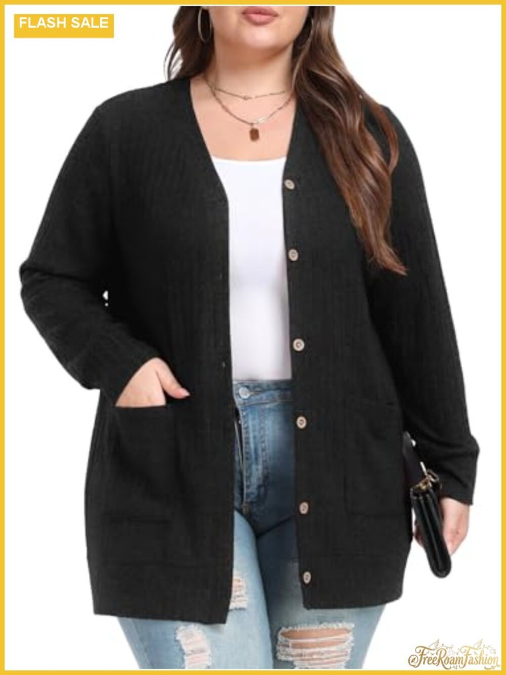 Plus Size Ribbed Knit Button Down Cardigan with Pockets Long Sleeve V-Neck